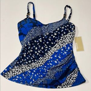 Michael kors NWT tankini swim blue white black printed chain top floral top